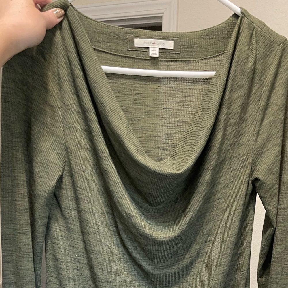 Long army green blouse dress with cowl neck and cute sleeve detail.